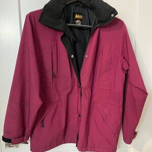 REI Gortex maroon jacket with self storing hood